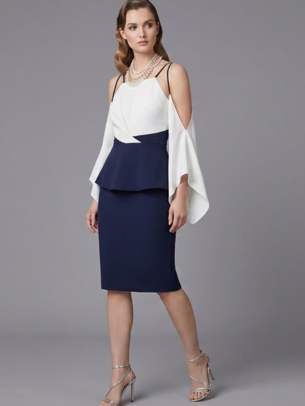 Bar.Z Size S White & Navy Cold Shoulder Top With Flare Sleeves Preppy Work wear